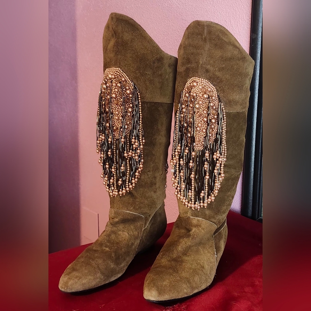 Caparros Olive Suede Fringe Heeled Boots